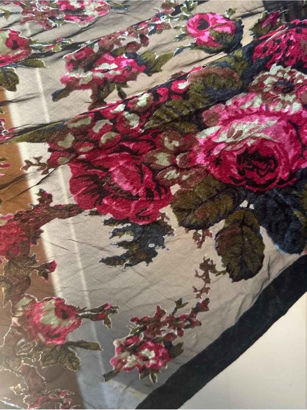 Vintage Black Velvet Burnout Floral Fringe Scarf with Pink and Green Roses